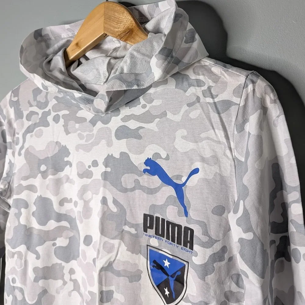 PUMA Kids Grey White Camo 100% Cotton Pullover Long Sleeve Hoodie M 10 12
